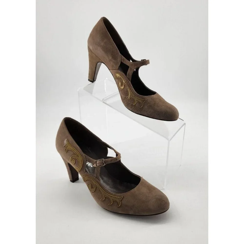 Lulu Guinness Women's Leather Slip On Mary Jane Pump Heels Tan Suede EUR 38 US 7